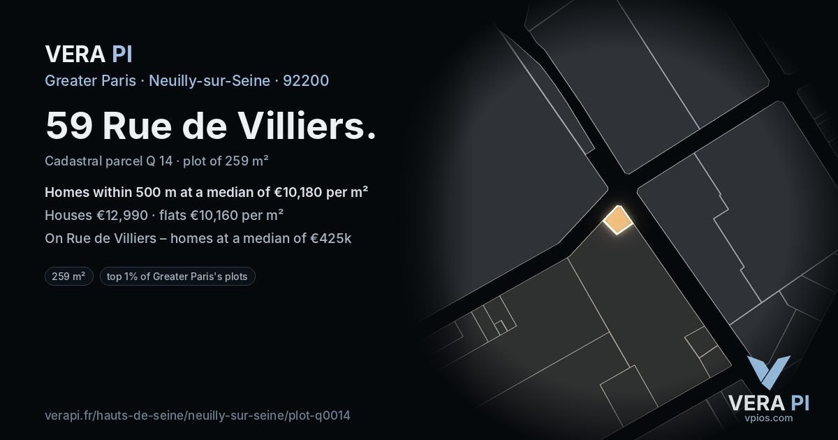 59 Rue de Villiers, Neuilly-sur-Seine at night – the plot lit, the parcels around coloured by the prices near them