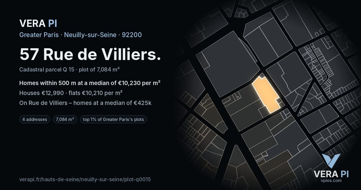 57 Rue de Villiers, Neuilly-sur-Seine at night – the plot lit, the parcels around coloured by the prices near them