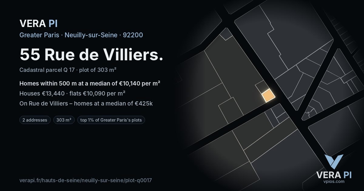 55 Rue de Villiers, Neuilly-sur-Seine at night – the plot lit, the parcels around coloured by the prices near them