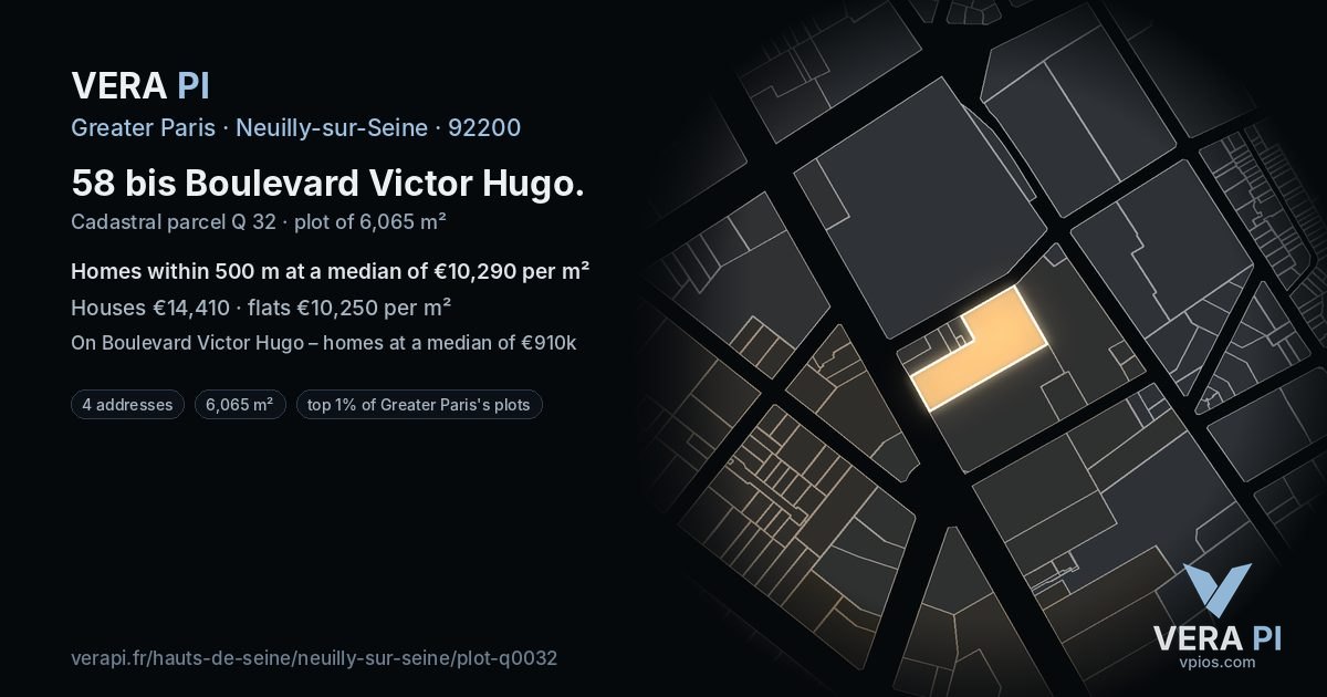 58 bis Boulevard Victor Hugo, Neuilly-sur-Seine at night – the plot lit, the parcels around coloured by the prices near them