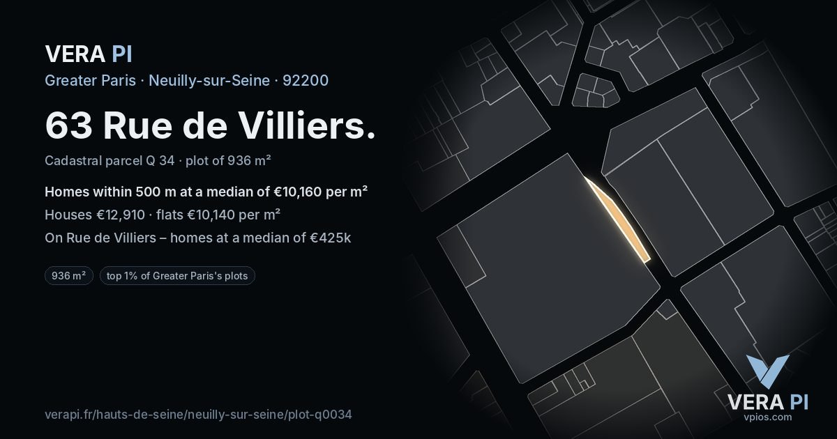 63 Rue de Villiers, Neuilly-sur-Seine at night – the plot lit, the parcels around coloured by the prices near them