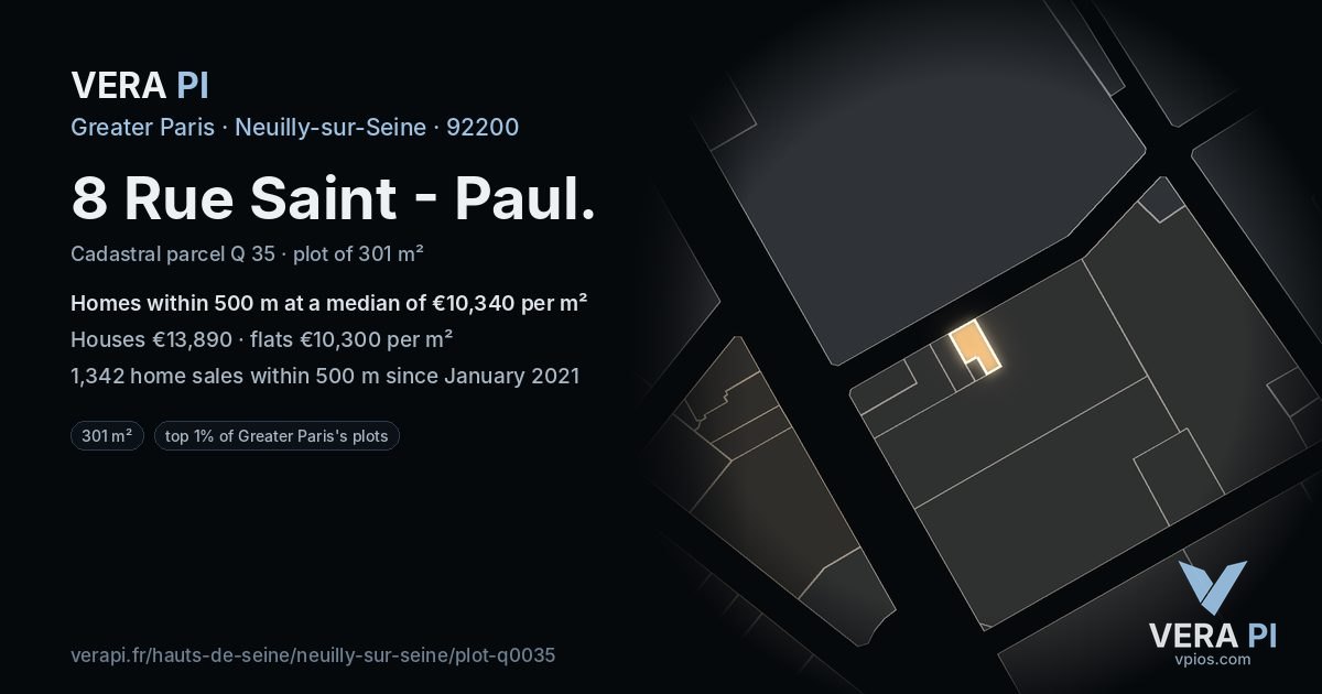 8 Rue Saint - Paul, Neuilly-sur-Seine at night – the plot lit, the parcels around coloured by the prices near them