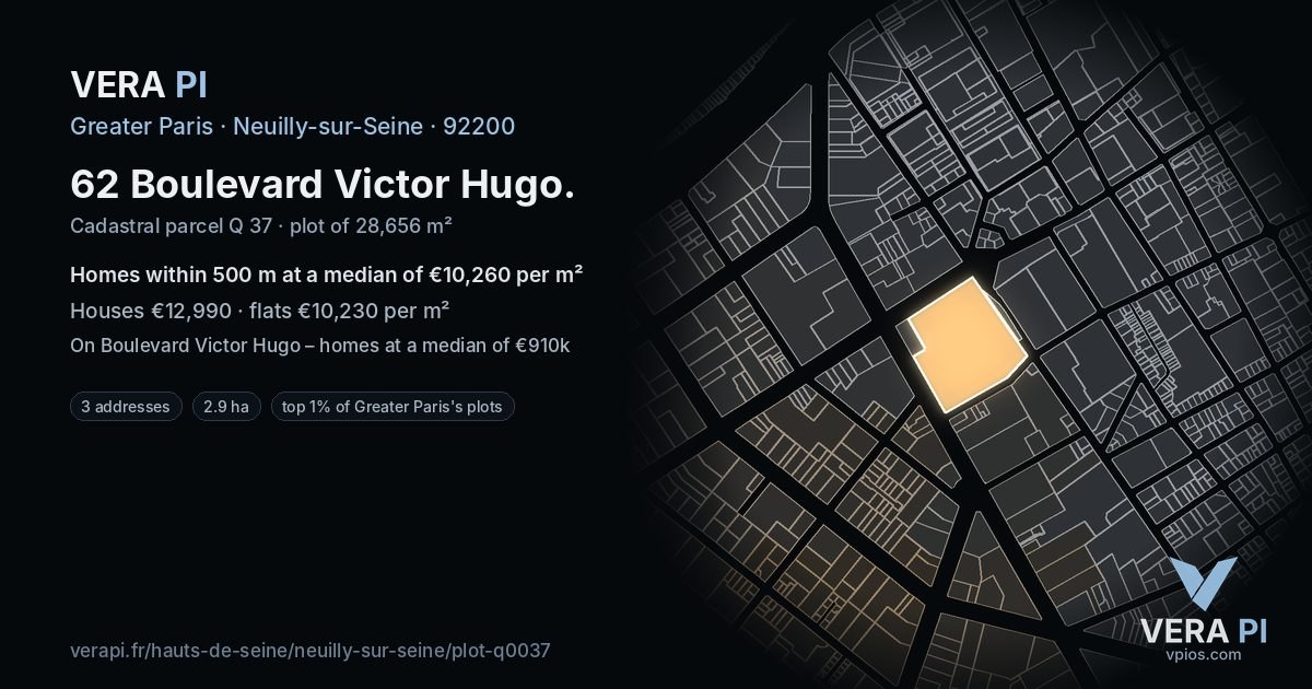62 Boulevard Victor Hugo, Neuilly-sur-Seine at night – the plot lit, the parcels around coloured by the prices near them