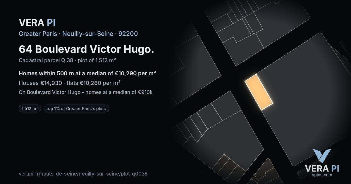 64 Boulevard Victor Hugo, Neuilly-sur-Seine at night – the plot lit, the parcels around coloured by the prices near them