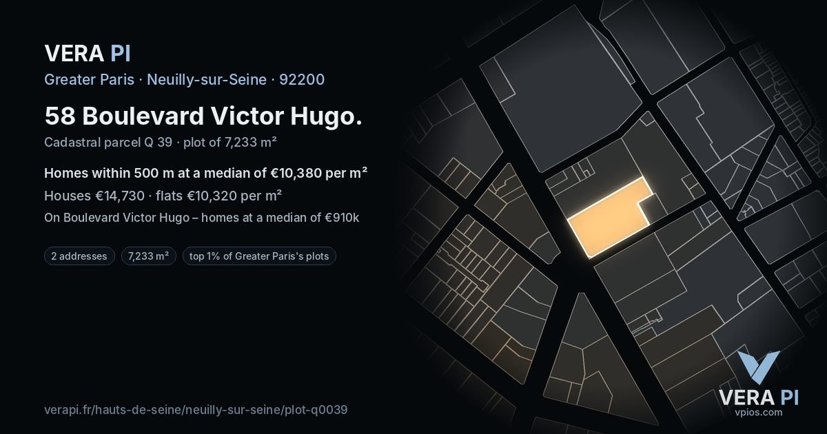 58 Boulevard Victor Hugo, Neuilly-sur-Seine at night – the plot lit, the parcels around coloured by the prices near them