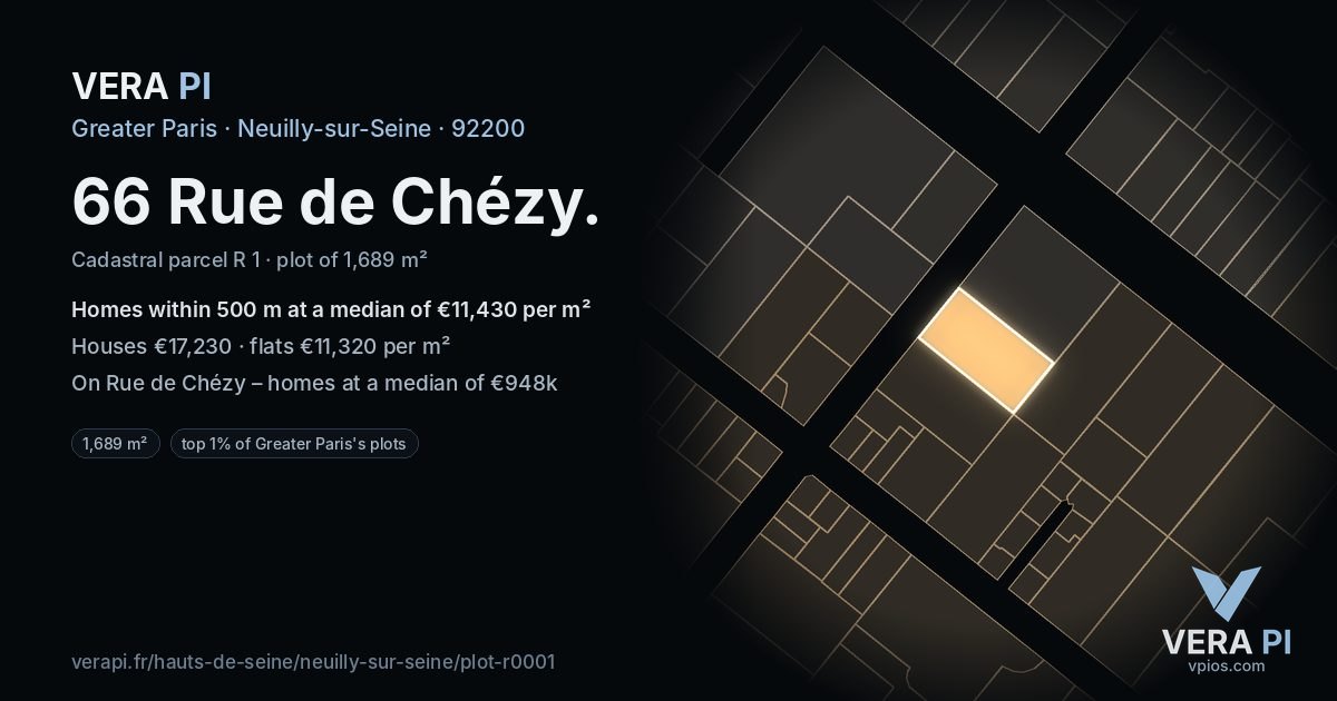 66 Rue de Chézy, Neuilly-sur-Seine at night – the plot lit, the parcels around coloured by the prices near them