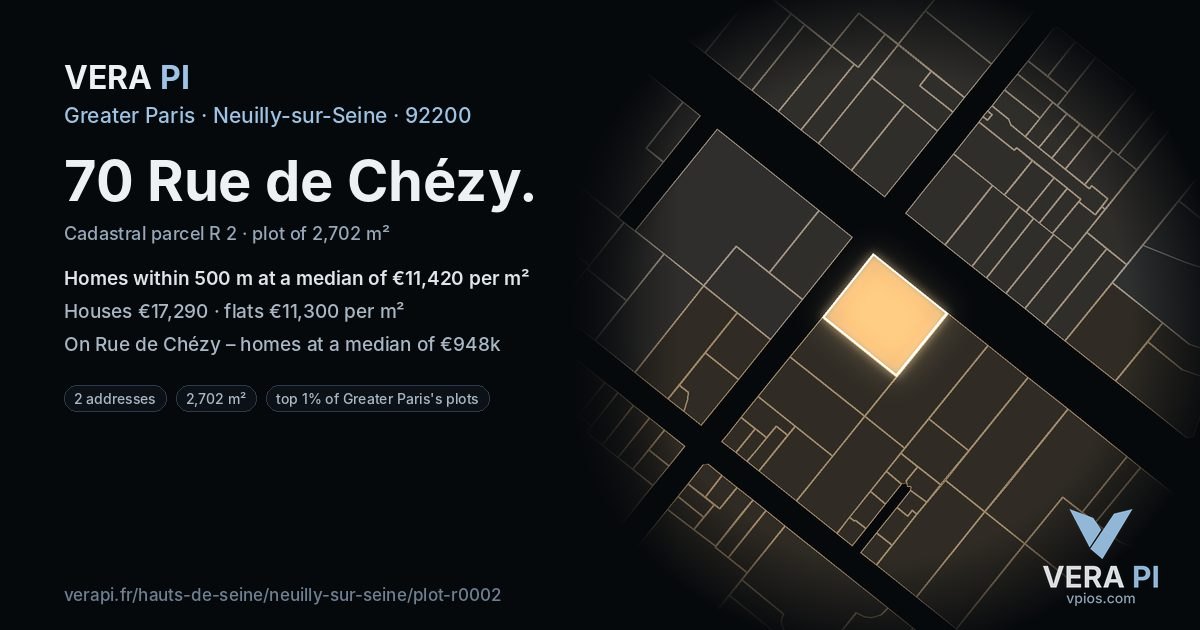 70 Rue de Chézy, Neuilly-sur-Seine at night – the plot lit, the parcels around coloured by the prices near them