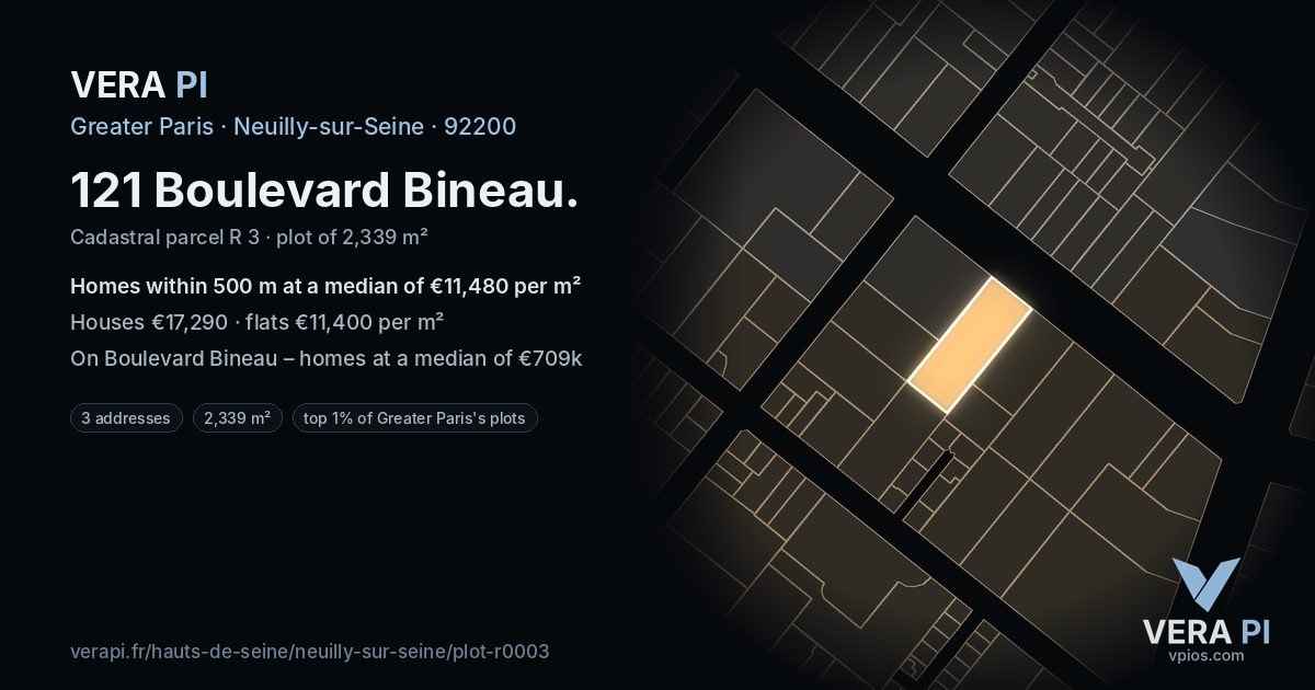 121 Boulevard Bineau, Neuilly-sur-Seine at night – the plot lit, the parcels around coloured by the prices near them