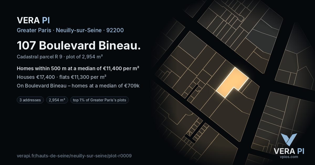 107 Boulevard Bineau, Neuilly-sur-Seine at night – the plot lit, the parcels around coloured by the prices near them