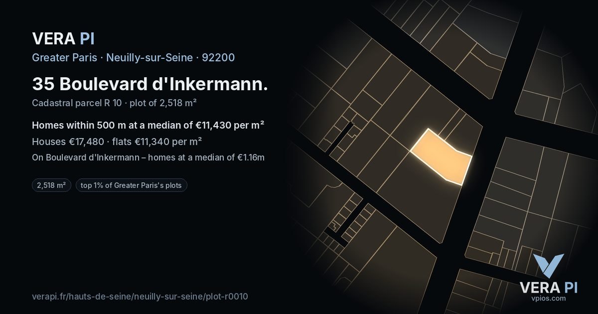35 Boulevard d'Inkermann, Neuilly-sur-Seine at night – the plot lit, the parcels around coloured by the prices near them