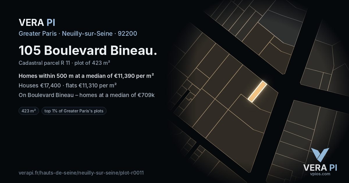 105 Boulevard Bineau, Neuilly-sur-Seine at night – the plot lit, the parcels around coloured by the prices near them