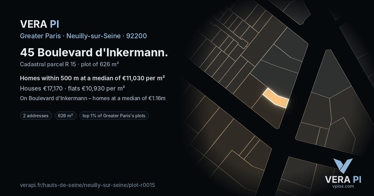 45 Boulevard d'Inkermann, Neuilly-sur-Seine at night – the plot lit, the parcels around coloured by the prices near them