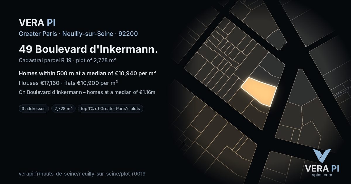 49 Boulevard d'Inkermann, Neuilly-sur-Seine at night – the plot lit, the parcels around coloured by the prices near them