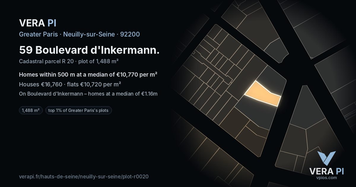59 Boulevard d'Inkermann, Neuilly-sur-Seine at night – the plot lit, the parcels around coloured by the prices near them