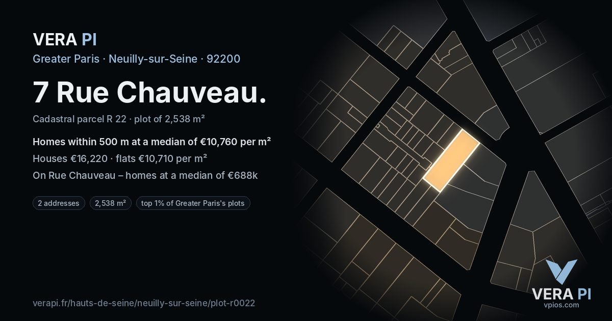 7 Rue Chauveau, Neuilly-sur-Seine at night – the plot lit, the parcels around coloured by the prices near them