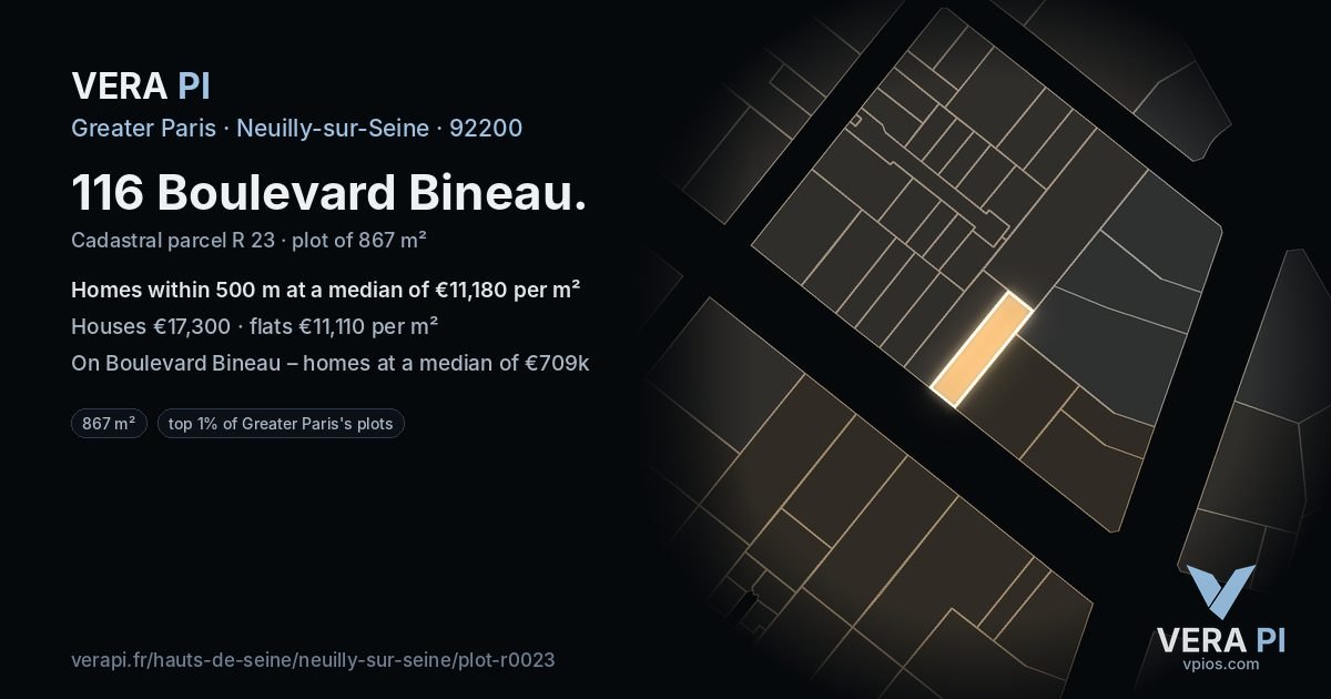 116 Boulevard Bineau, Neuilly-sur-Seine at night – the plot lit, the parcels around coloured by the prices near them