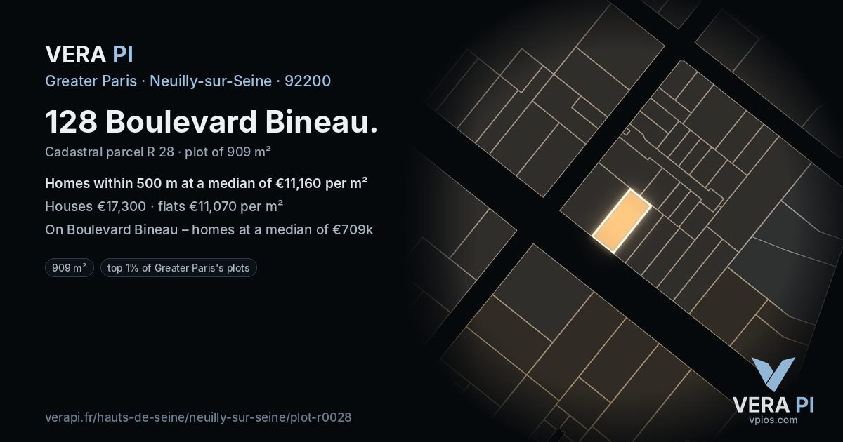 128 Boulevard Bineau, Neuilly-sur-Seine at night – the plot lit, the parcels around coloured by the prices near them