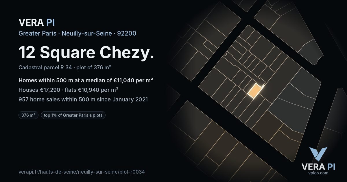 12 Square Chezy, Neuilly-sur-Seine at night – the plot lit, the parcels around coloured by the prices near them