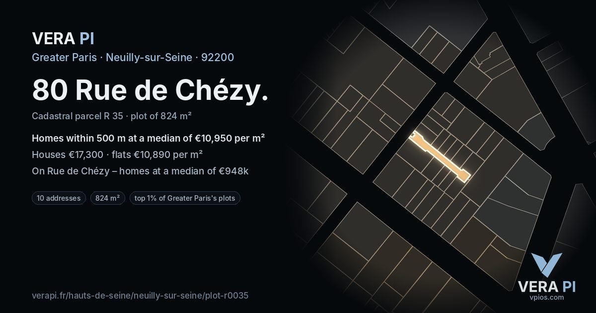 80 Rue de Chézy, Neuilly-sur-Seine at night – the plot lit, the parcels around coloured by the prices near them