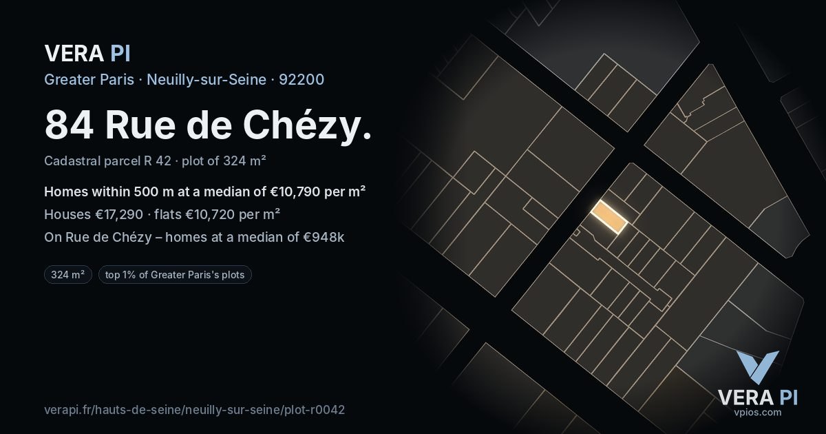 84 Rue de Chézy, Neuilly-sur-Seine at night – the plot lit, the parcels around coloured by the prices near them