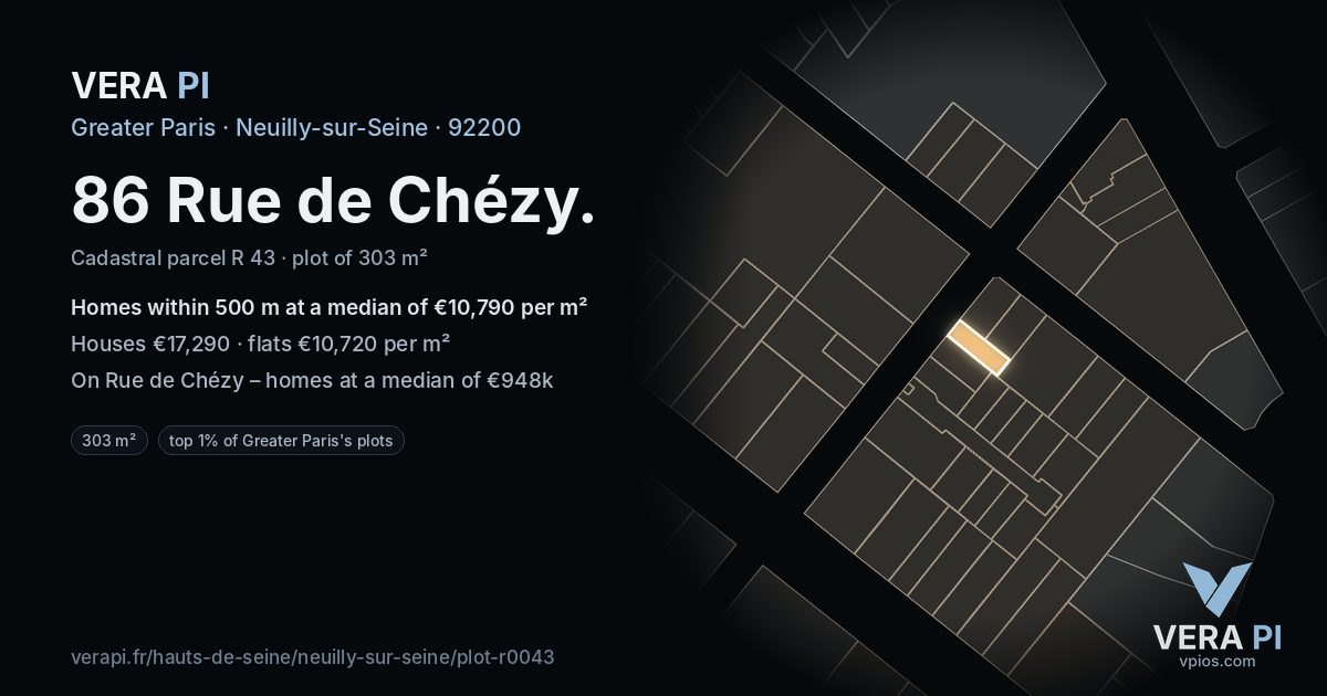 86 Rue de Chézy, Neuilly-sur-Seine at night – the plot lit, the parcels around coloured by the prices near them