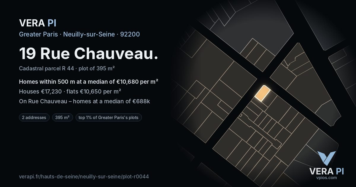 19 Rue Chauveau, Neuilly-sur-Seine at night – the plot lit, the parcels around coloured by the prices near them