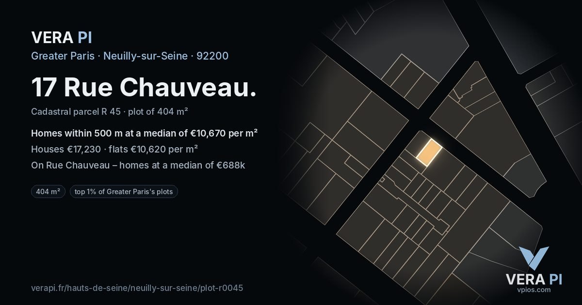 17 Rue Chauveau, Neuilly-sur-Seine at night – the plot lit, the parcels around coloured by the prices near them