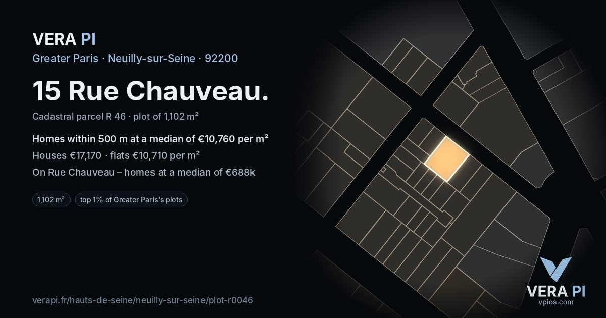 15 Rue Chauveau, Neuilly-sur-Seine at night – the plot lit, the parcels around coloured by the prices near them