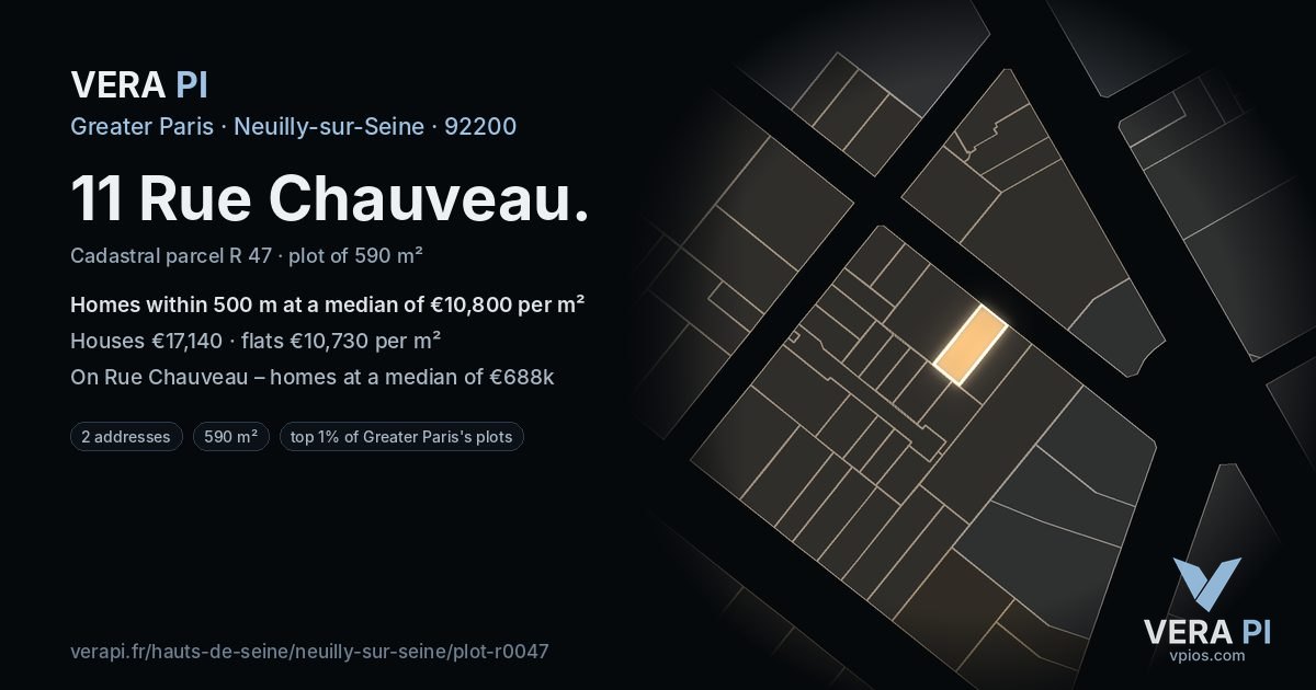 11 Rue Chauveau, Neuilly-sur-Seine at night – the plot lit, the parcels around coloured by the prices near them