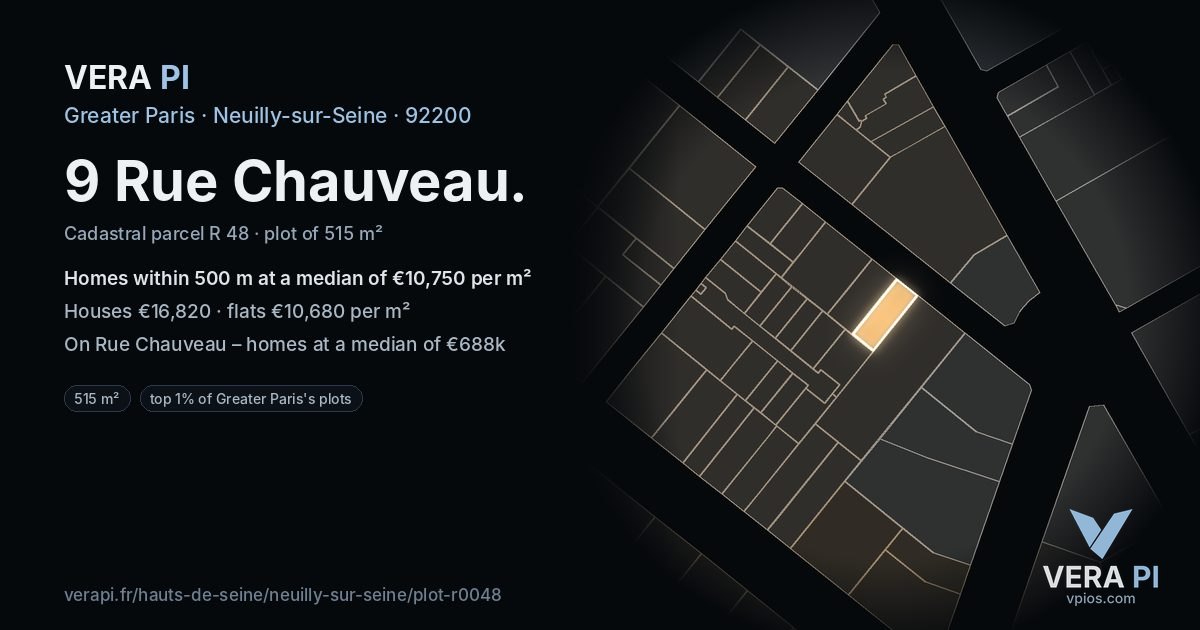 9 Rue Chauveau, Neuilly-sur-Seine at night – the plot lit, the parcels around coloured by the prices near them