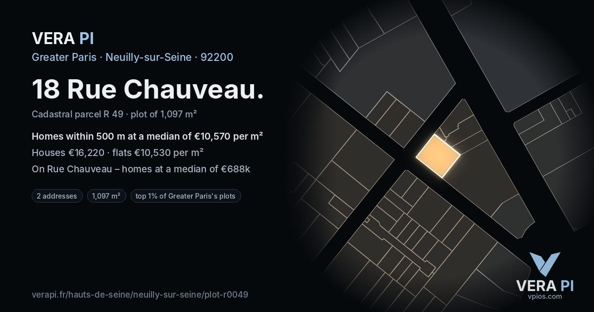 18 Rue Chauveau, Neuilly-sur-Seine at night – the plot lit, the parcels around coloured by the prices near them