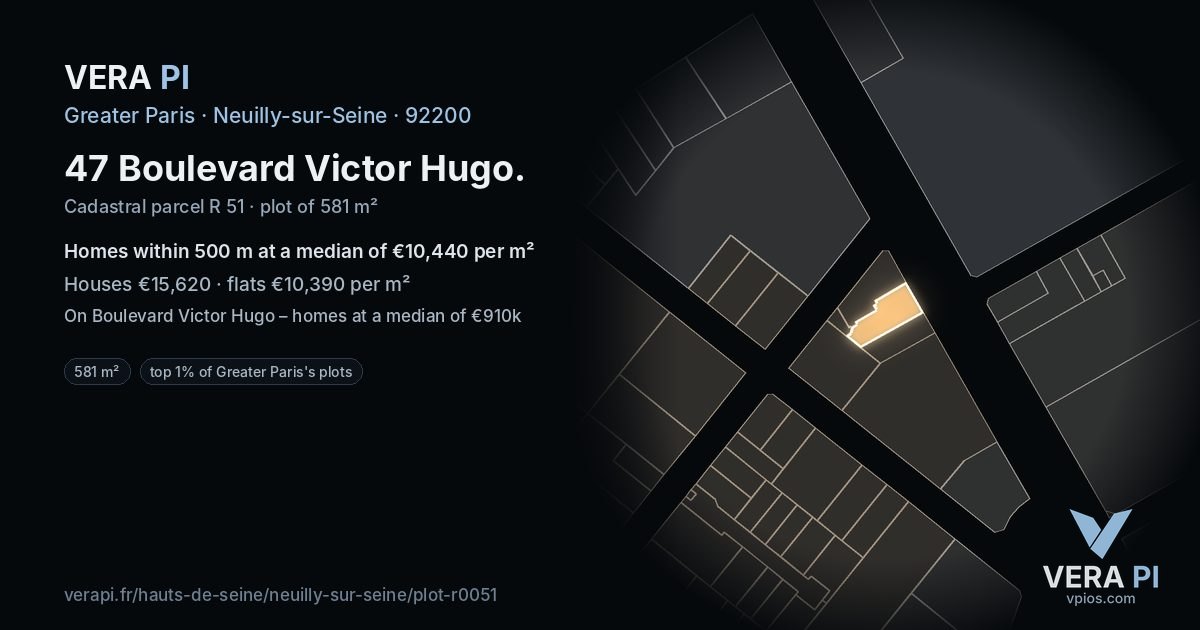 47 Boulevard Victor Hugo, Neuilly-sur-Seine at night – the plot lit, the parcels around coloured by the prices near them