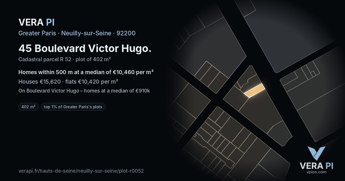45 Boulevard Victor Hugo, Neuilly-sur-Seine at night – the plot lit, the parcels around coloured by the prices near them