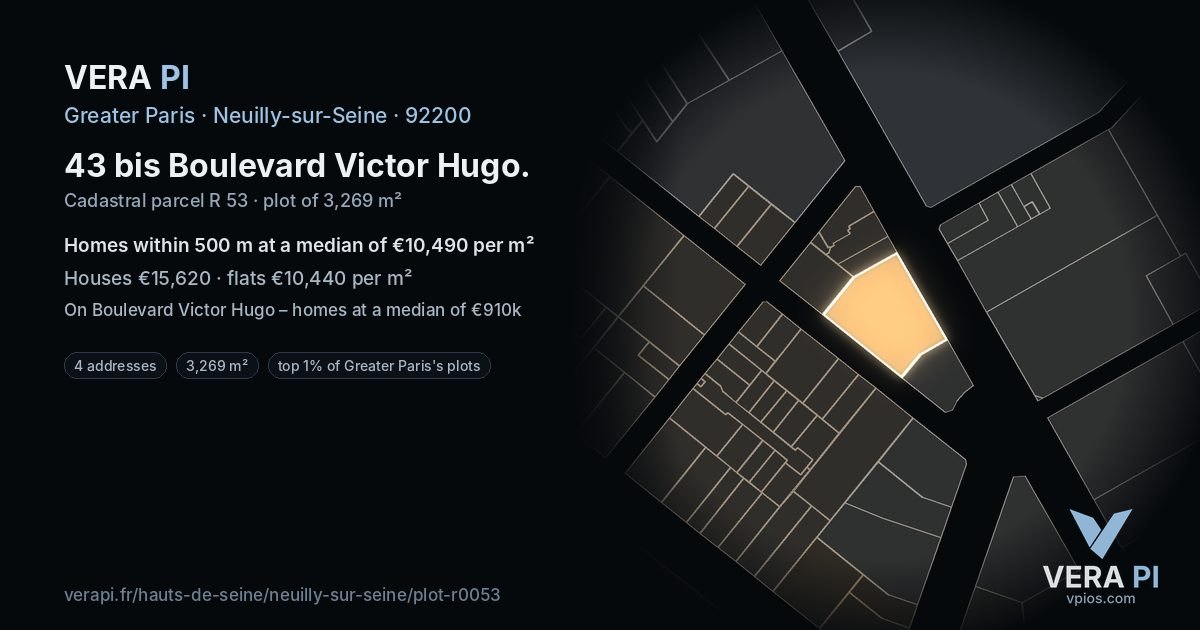 43 bis Boulevard Victor Hugo, Neuilly-sur-Seine at night – the plot lit, the parcels around coloured by the prices near them