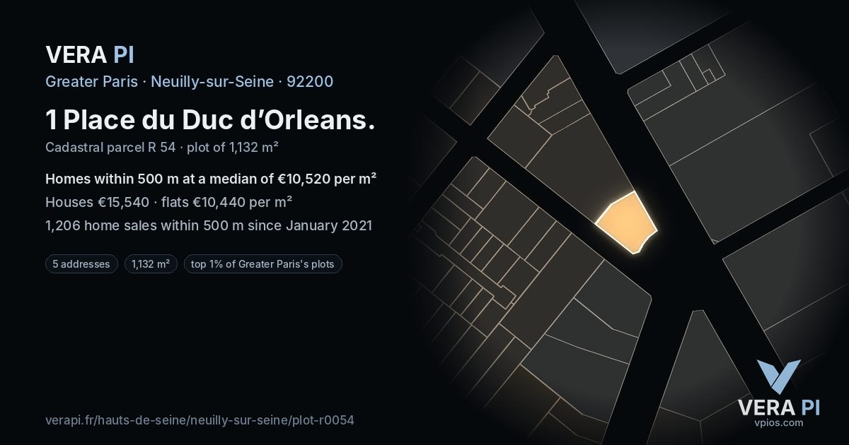 1 Place du Duc d’Orleans, Neuilly-sur-Seine at night – the plot lit, the parcels around coloured by the prices near them
