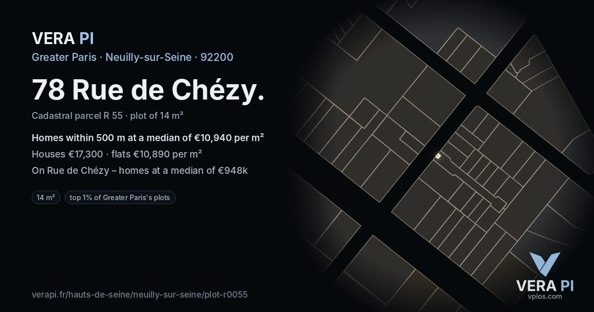 78 Rue de Chézy, Neuilly-sur-Seine at night – the plot lit, the parcels around coloured by the prices near them