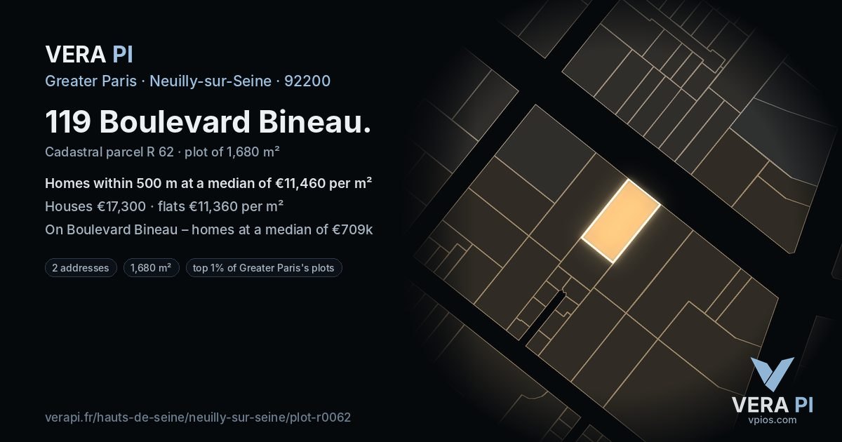 119 Boulevard Bineau, Neuilly-sur-Seine at night – the plot lit, the parcels around coloured by the prices near them