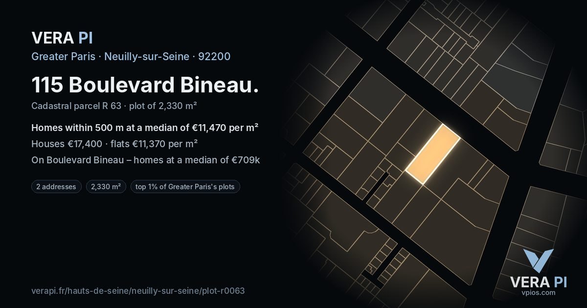 115 Boulevard Bineau, Neuilly-sur-Seine at night – the plot lit, the parcels around coloured by the prices near them