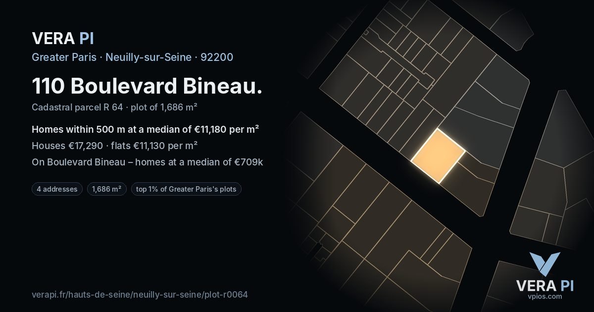 110 Boulevard Bineau, Neuilly-sur-Seine at night – the plot lit, the parcels around coloured by the prices near them
