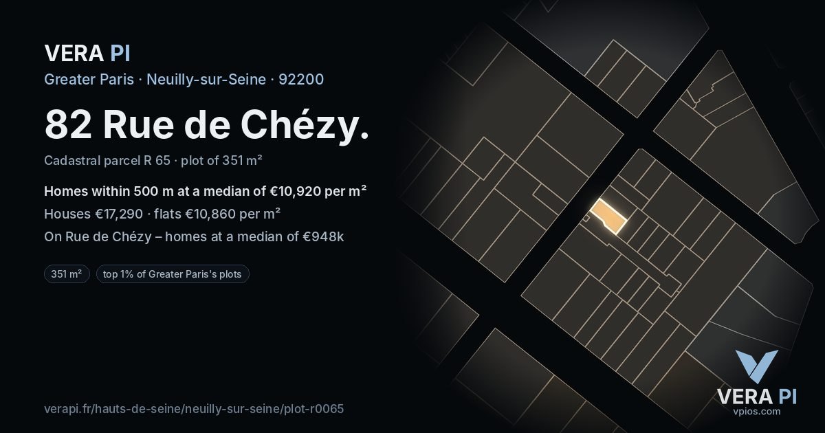 82 Rue de Chézy, Neuilly-sur-Seine at night – the plot lit, the parcels around coloured by the prices near them