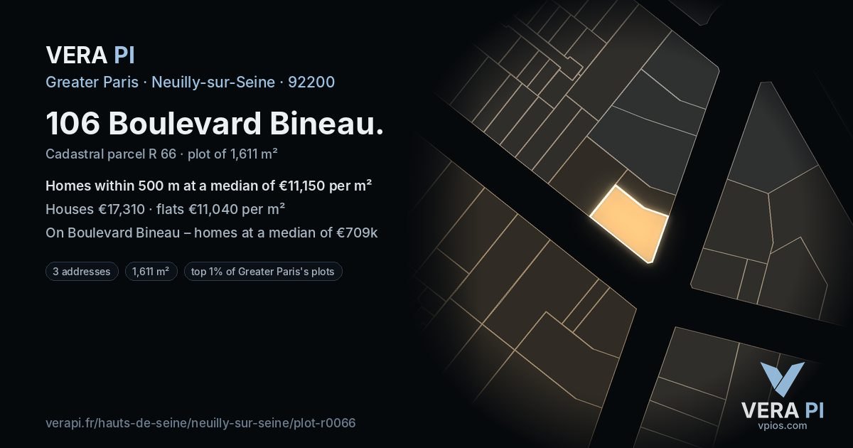 106 Boulevard Bineau, Neuilly-sur-Seine at night – the plot lit, the parcels around coloured by the prices near them