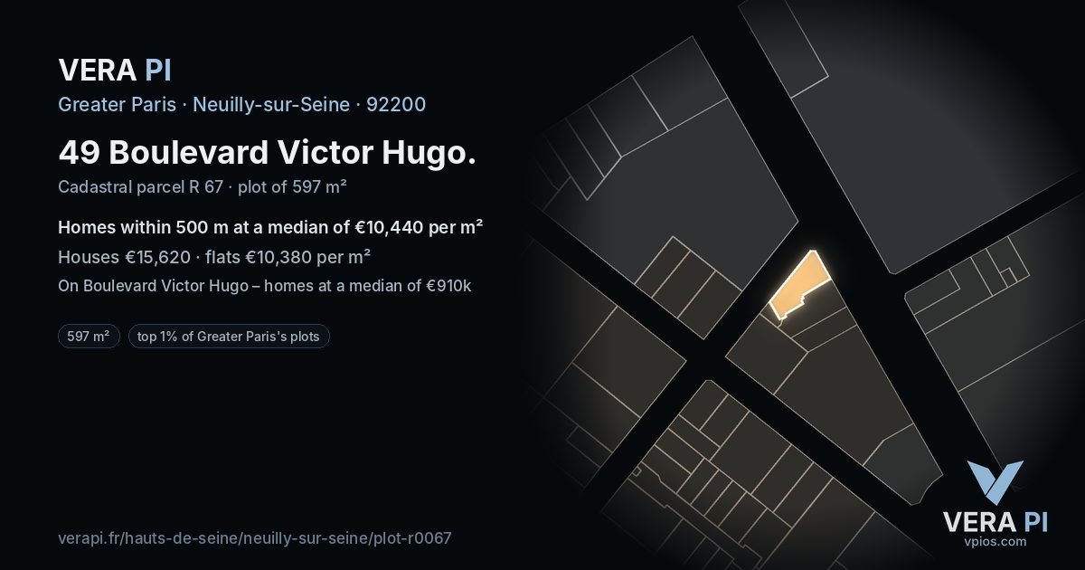 49 Boulevard Victor Hugo, Neuilly-sur-Seine at night – the plot lit, the parcels around coloured by the prices near them