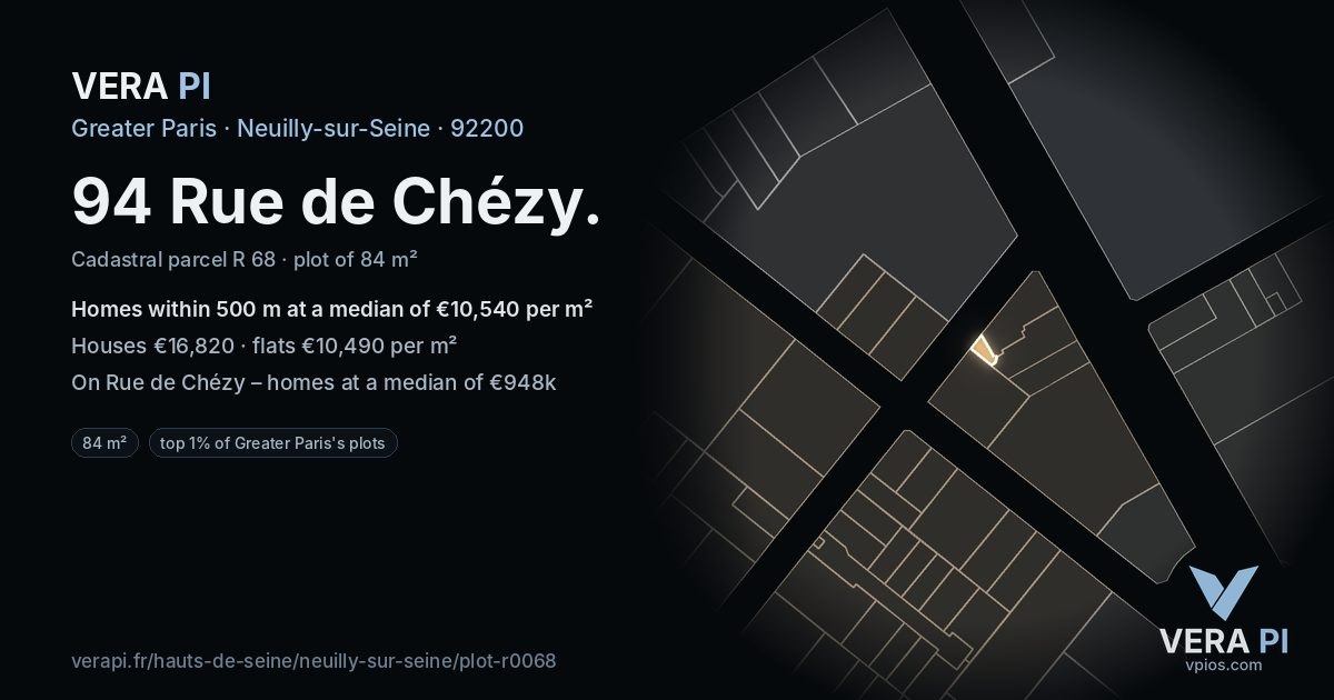 94 Rue de Chézy, Neuilly-sur-Seine at night – the plot lit, the parcels around coloured by the prices near them