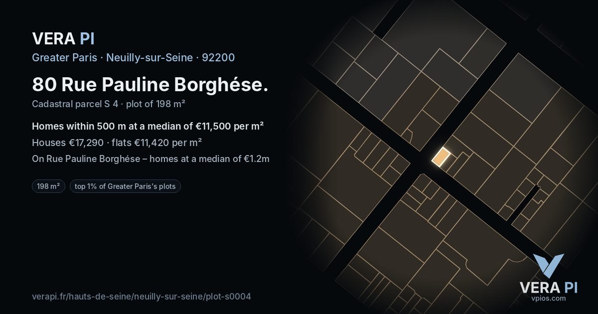 80 Rue Pauline Borghése, Neuilly-sur-Seine at night – the plot lit, the parcels around coloured by the prices near them