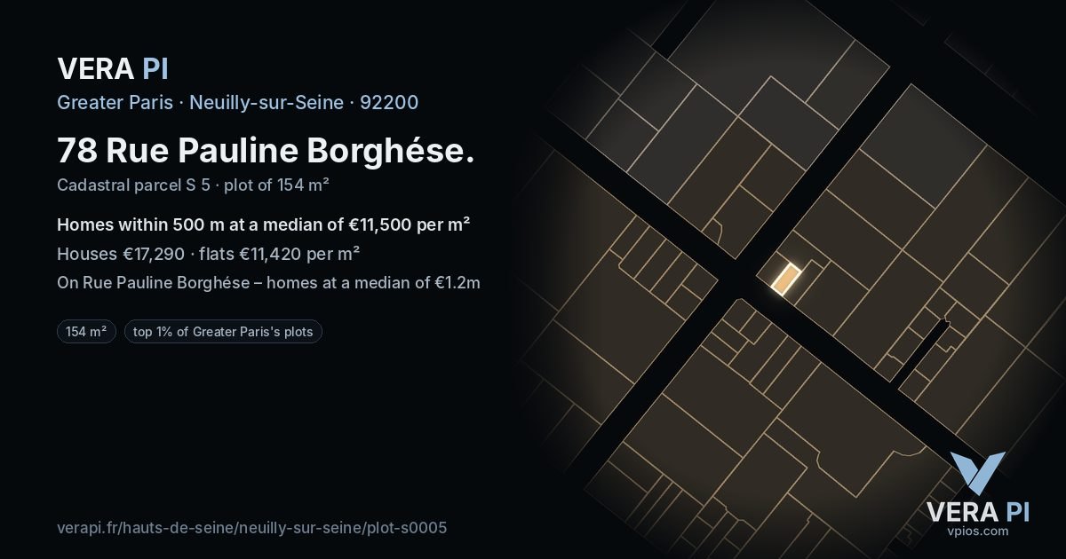 78 Rue Pauline Borghése, Neuilly-sur-Seine at night – the plot lit, the parcels around coloured by the prices near them