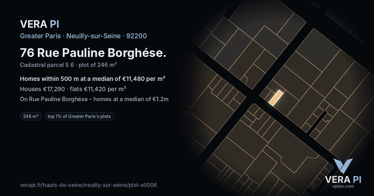 76 Rue Pauline Borghése, Neuilly-sur-Seine at night – the plot lit, the parcels around coloured by the prices near them