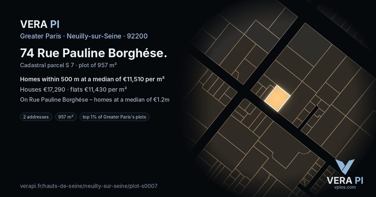 74 Rue Pauline Borghése, Neuilly-sur-Seine at night – the plot lit, the parcels around coloured by the prices near them
