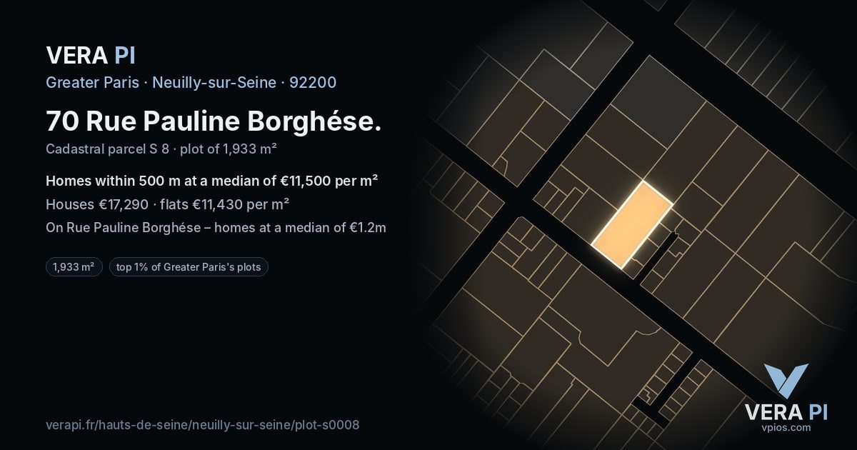 70 Rue Pauline Borghése, Neuilly-sur-Seine at night – the plot lit, the parcels around coloured by the prices near them