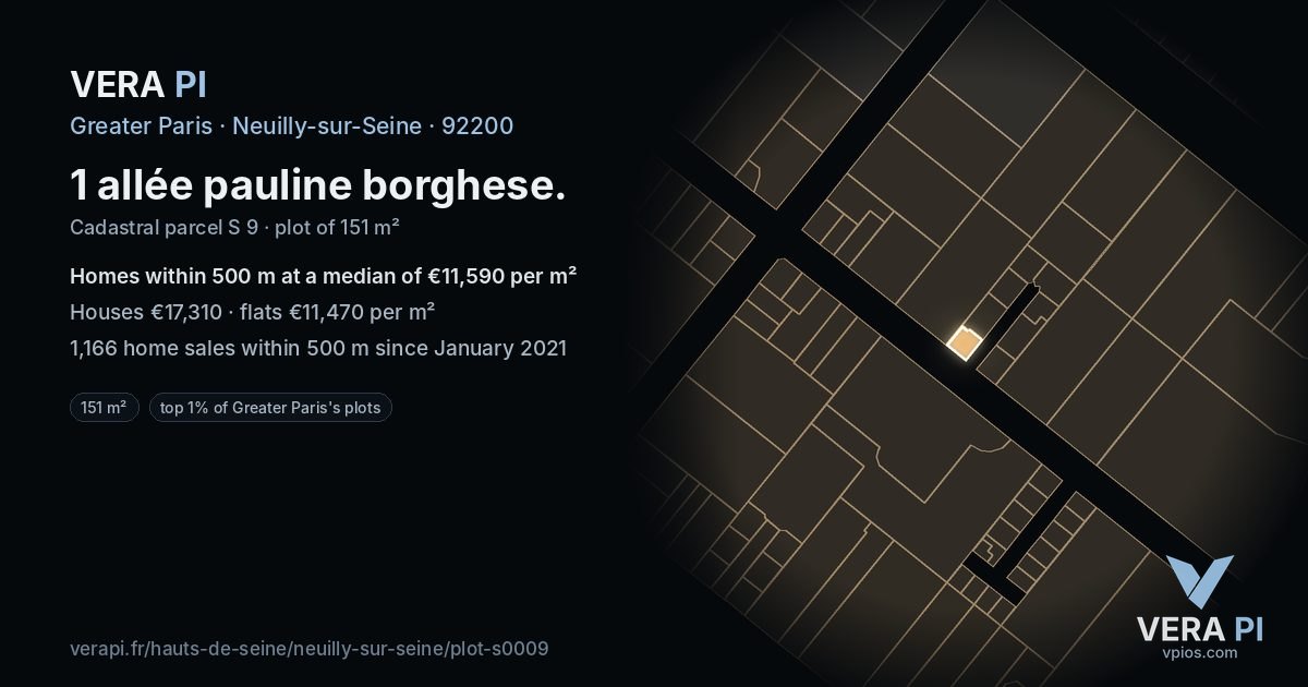 1 allée pauline borghese, Neuilly-sur-Seine at night – the plot lit, the parcels around coloured by the prices near them