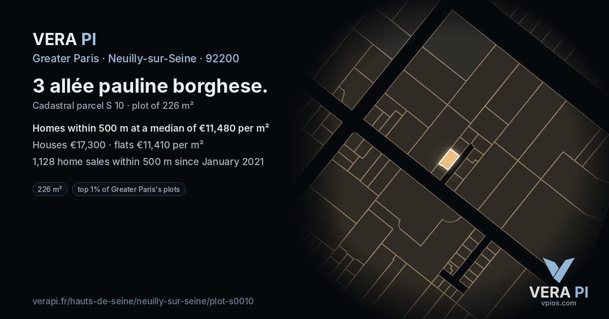 3 allée pauline borghese, Neuilly-sur-Seine at night – the plot lit, the parcels around coloured by the prices near them